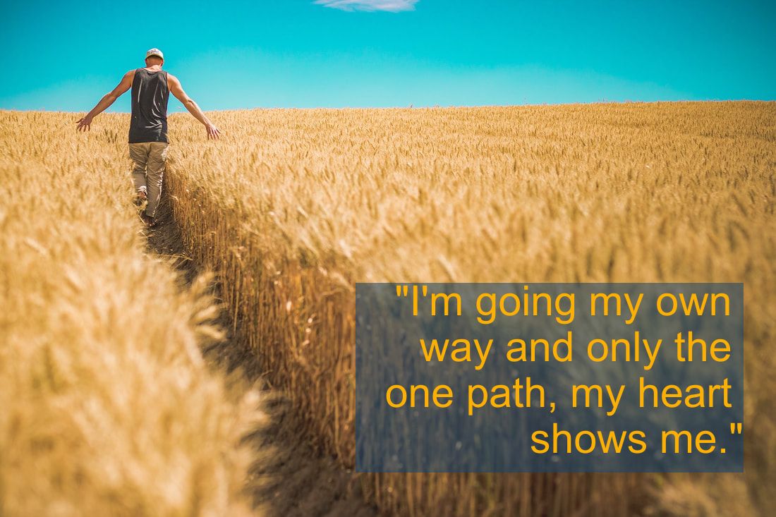Man walking in Fields of golden wheat and textual spiritual affirmation: 