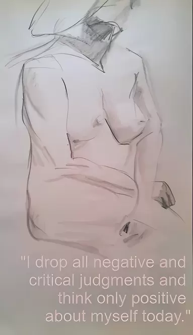 Artistical Nude Drawing of a woman in greyscales & textual spiritual affirmation: 