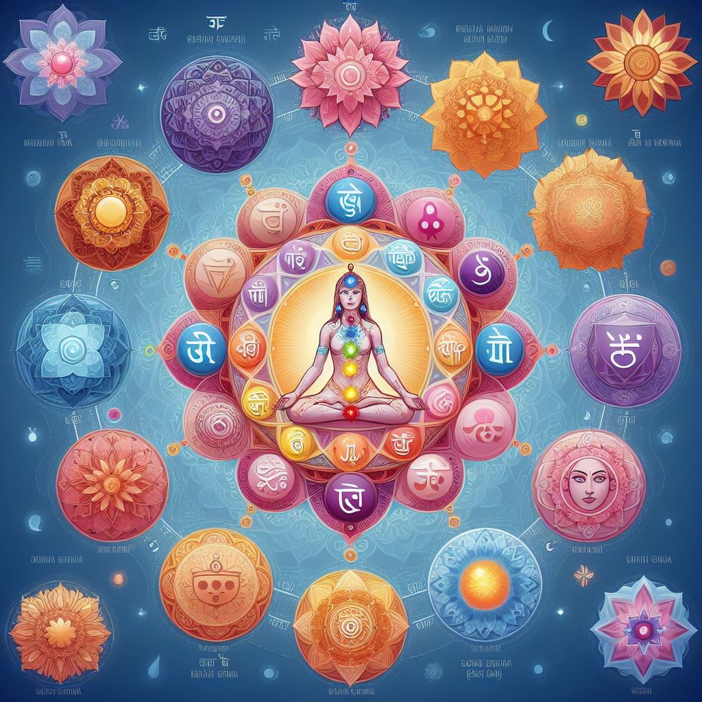 Chakras in a colorful graphic according to Hindu and Buddhist tradition